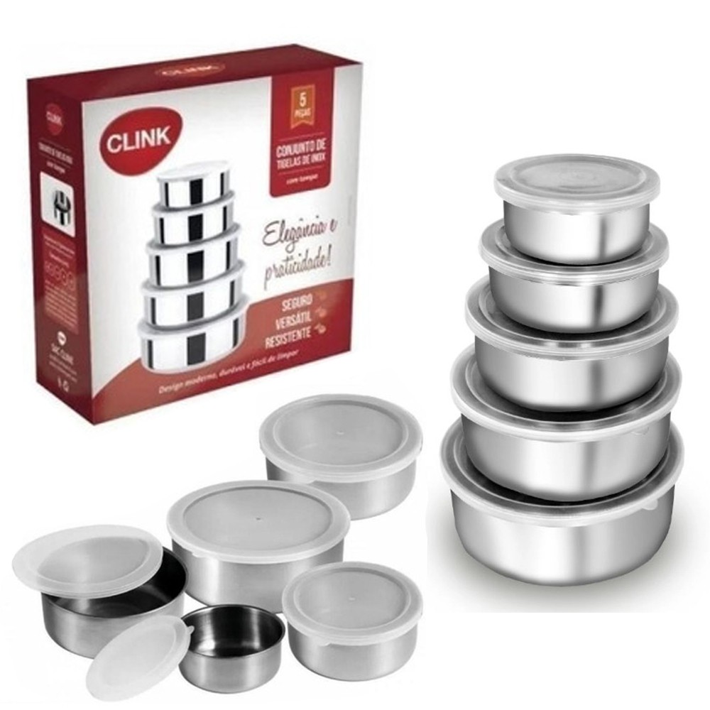 Jogo De Potes 5 Pçs Em Aço Inox Com Tampa Plastica