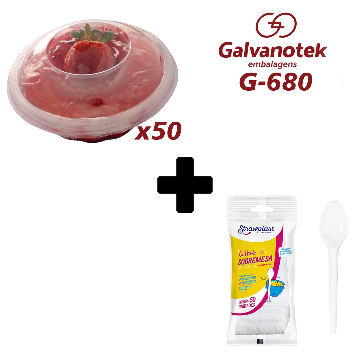 Kit Embalagens Galvanotek Pacote Com 50 Unidades 250ml Modelo G680 Com Tampa Para Doces Mousse Pave Sobremesas + Colher